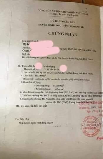 Bán đất xã An Phú giá 2ty7 dt 1ha1