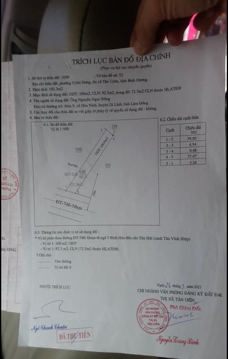 Bán đất phường Uyên Hưng giá 4,1tỷ dt 192,3m2