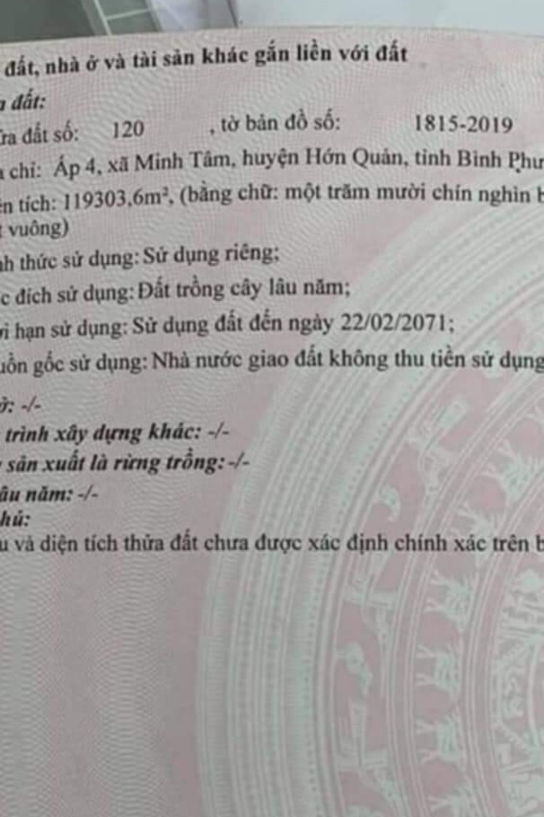 Bán đất xã Minh Tâm giá 3,6tỷ/ha dt 12ha