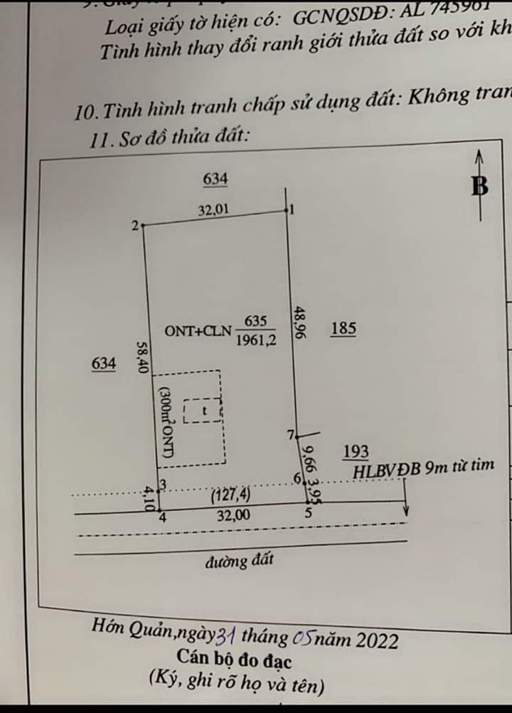 Bán đất xã Tân Hưng giá 1 tỷ 650tr dt 32×58×300tc