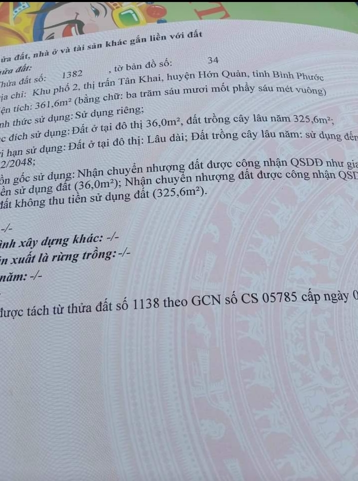 Bán đất khu phố 2 thị trấn Tân Khai giá 1 tỷ 350tr dt 10×34×100tc