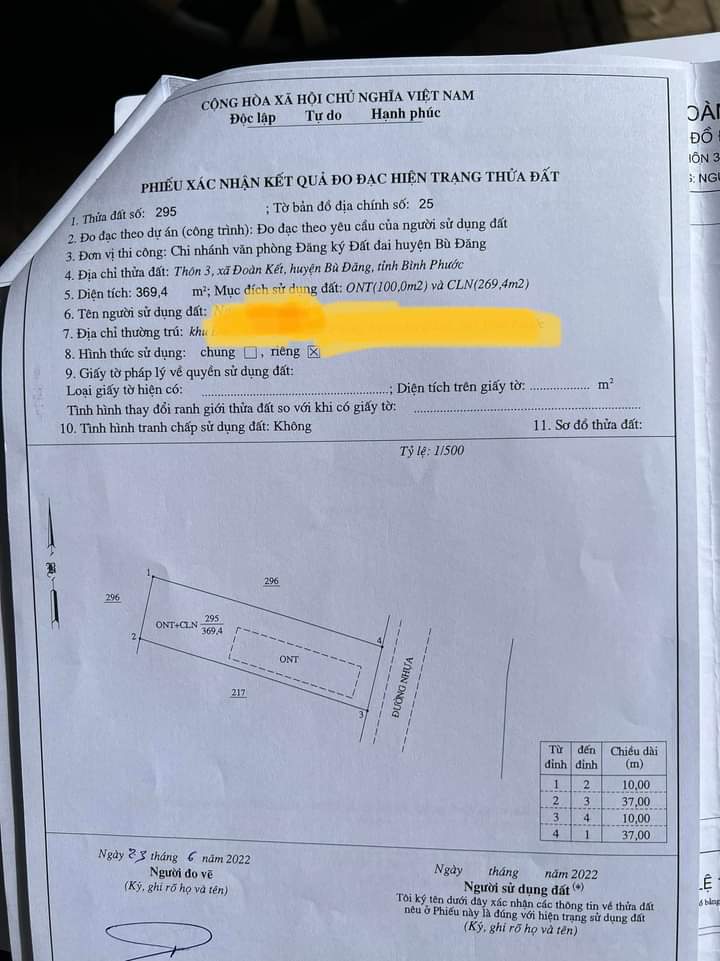 Bán đất xã Đoàn Kết giá 2tỷ050 dt 10×37×100tc