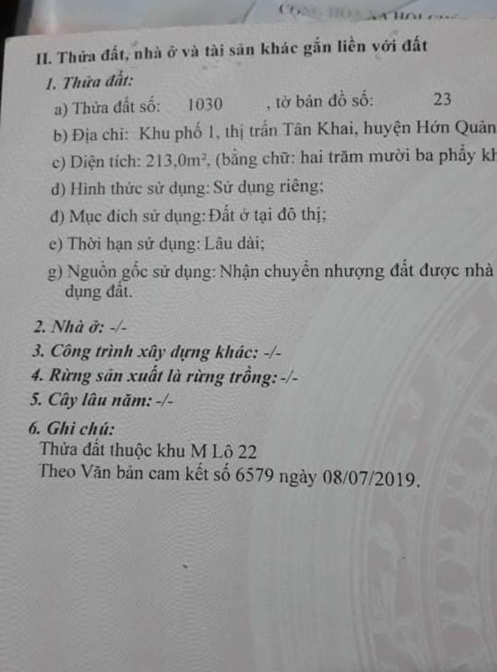 Bán đất kp1 tt Tân khai giá 2tỉ dt 10*21