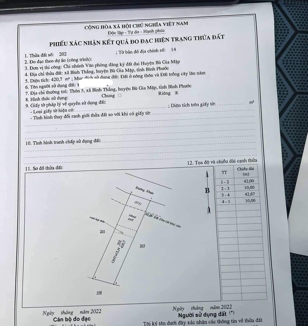 Bán đất xã Bình Thắng giá 55tr/m dt 10*42*100tc