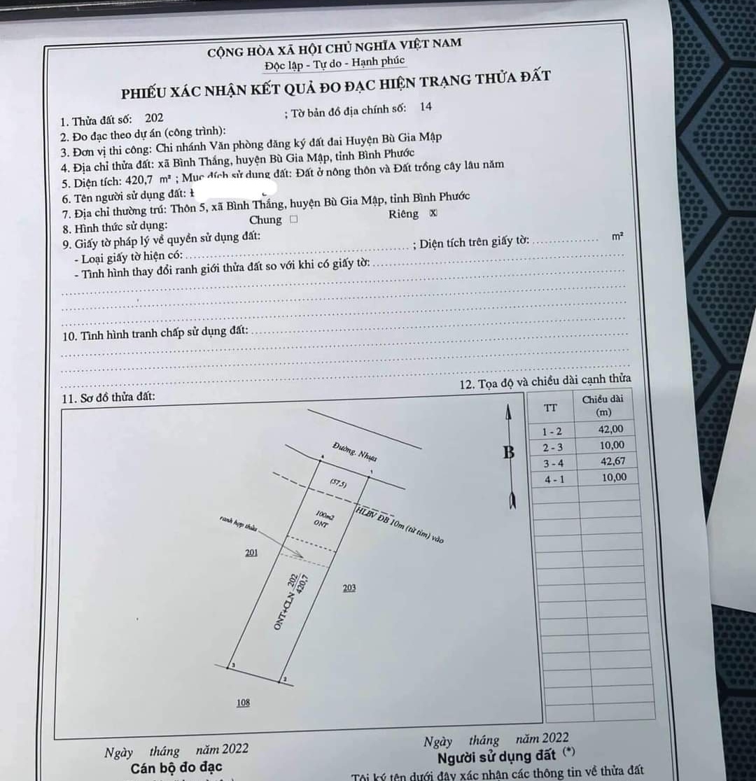 Bán đất xã Bình Thắng giá 55tr/m dt 10*42*100tc