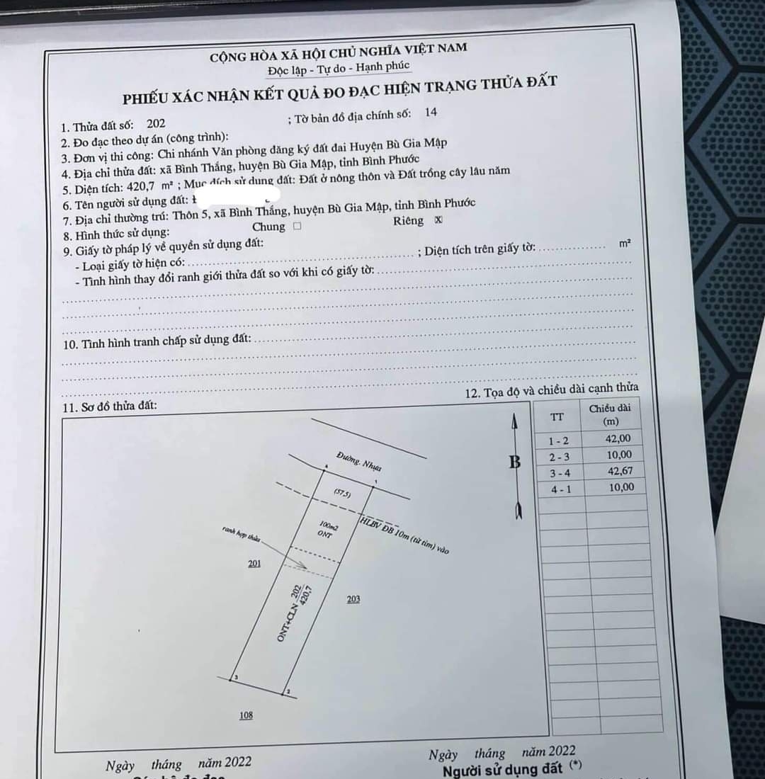 Bán đất xã Bình Thắng giá 55tr/m dt 10*42*100tc