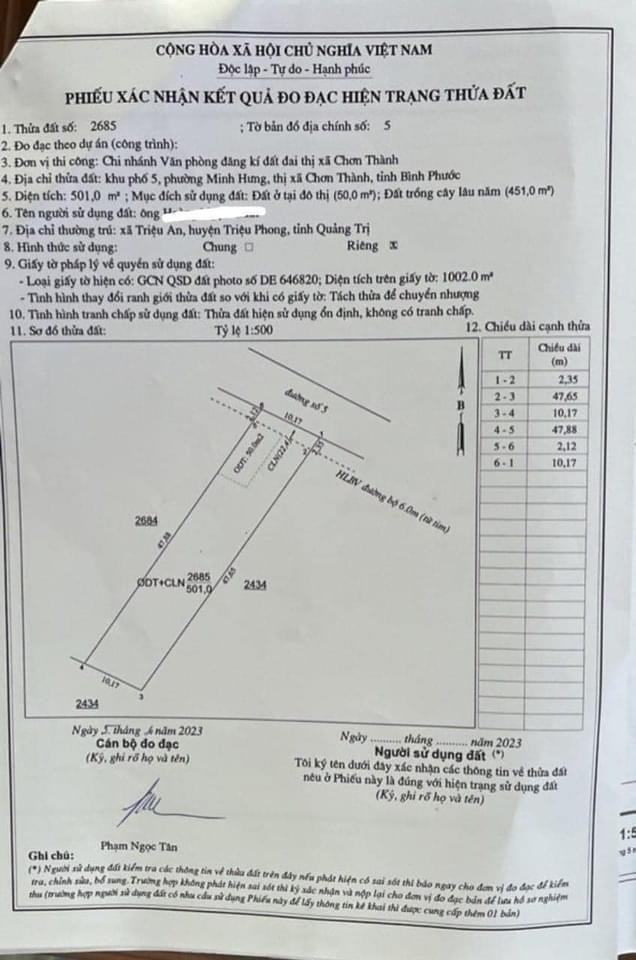Bán đất xã Minh Hưng giá 780tr dt 10x50x50tc