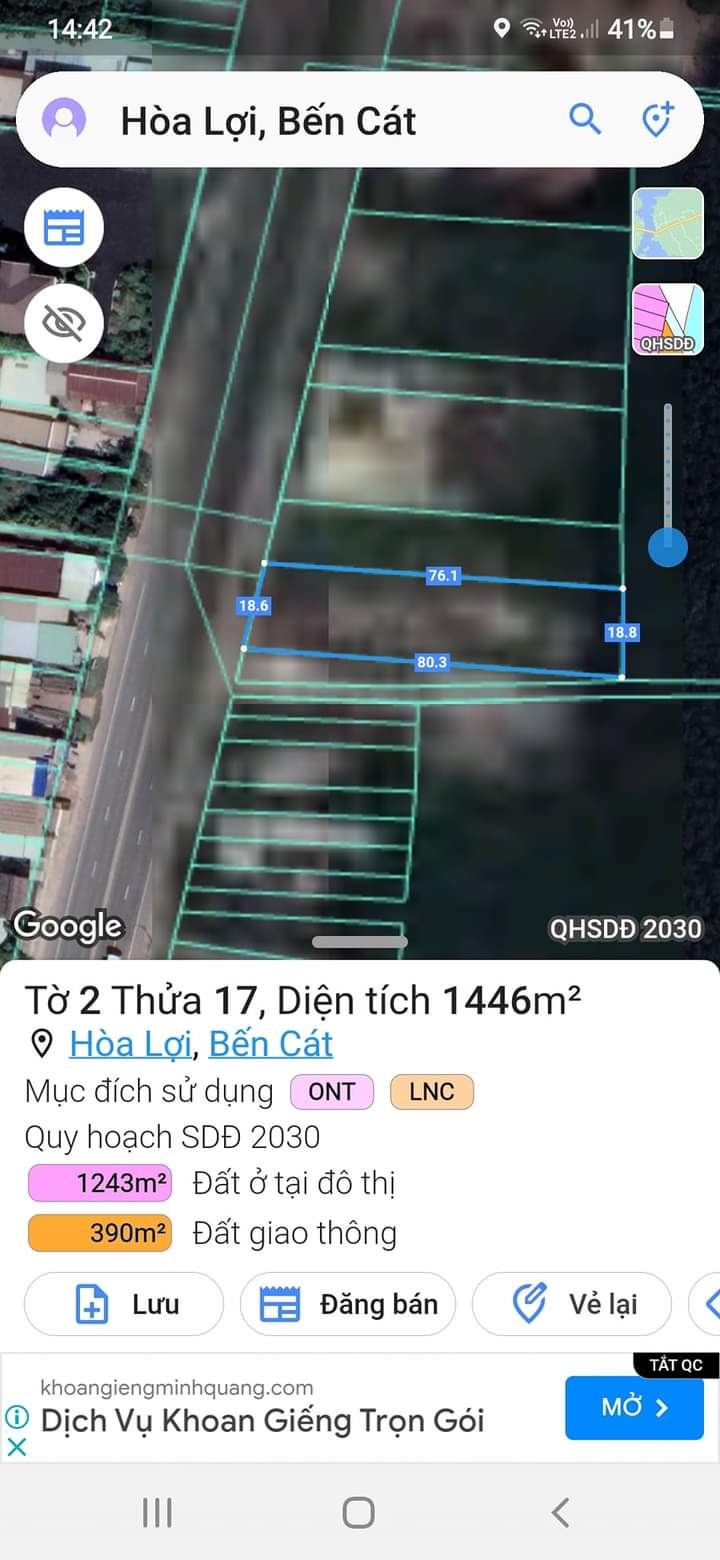 Bán đất Hoà Lợi giá 12tỉ5 dt 18*80*216tc