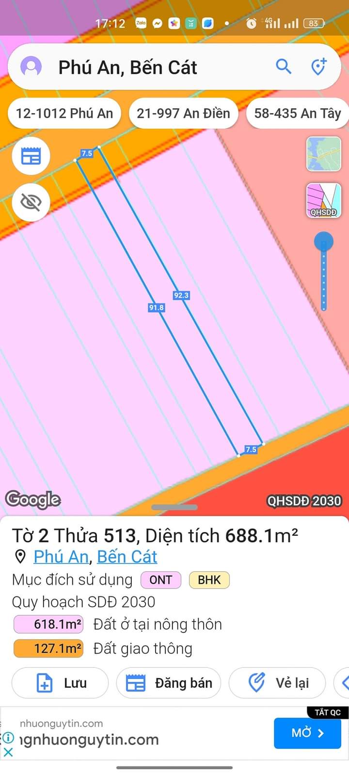 Bán đất Phú An giá 5tỉ3 dt 7,5*92*106tc