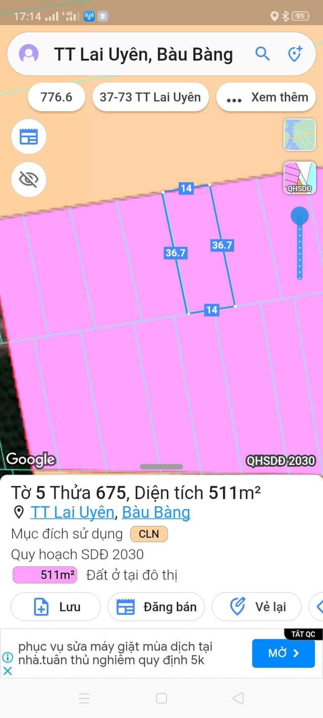 Bán đất Lai Uyên giá 640tr dt 14*36