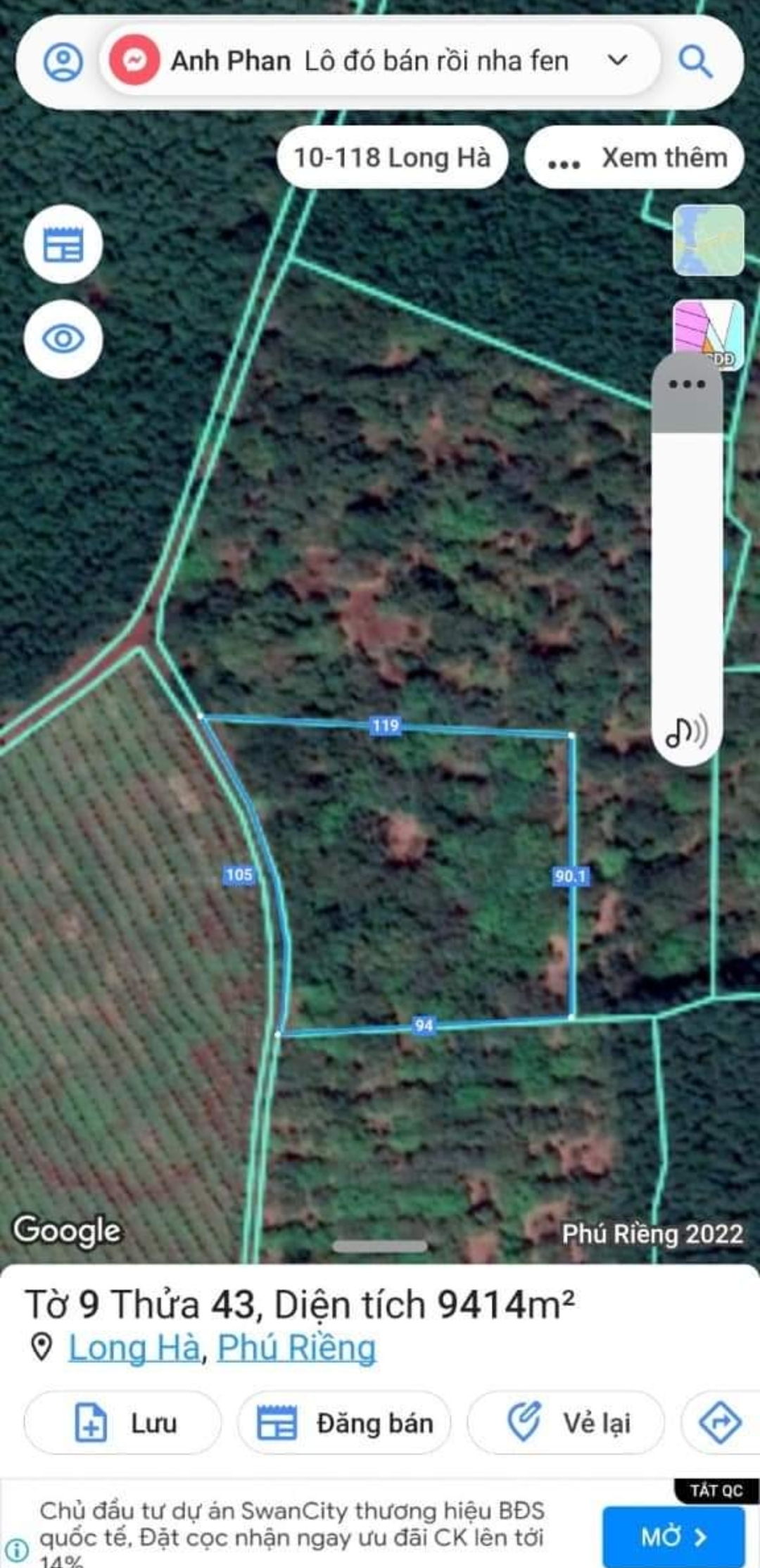 Bán đất xã Long Hà dt 9,4xào giá 2,1tỷ