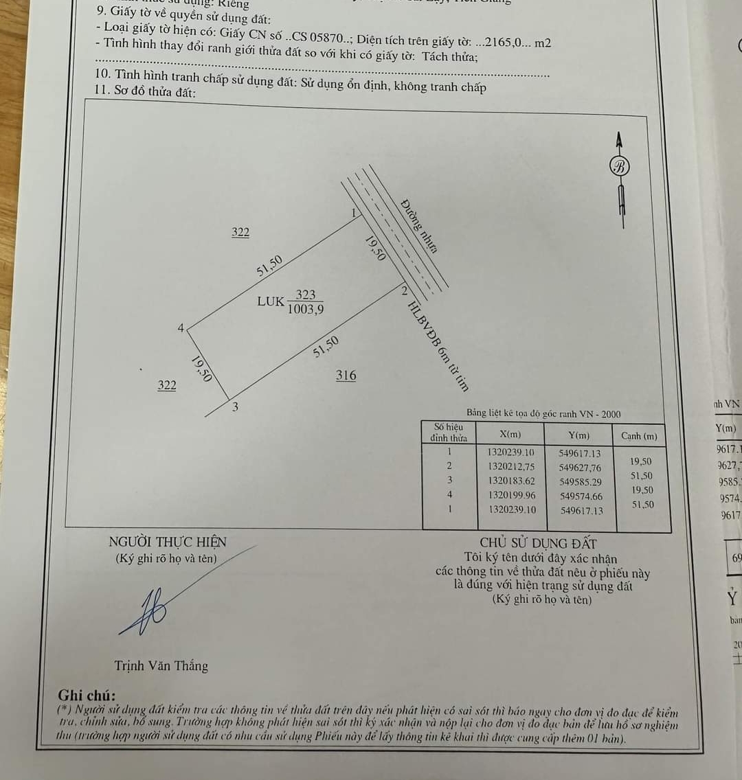 Bán đất xã Tân Thành dt 19,50*51,50 giá 270tr