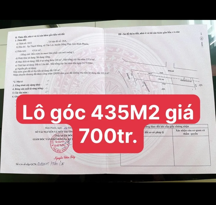 Bán đất xã Tân Lợi giá 700tr dt 435m2×100tc