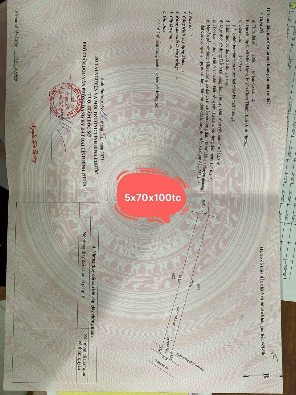 Bán đất phường Minh Hưng giá 1 tỷ 700tr đt 10x72x200 tc