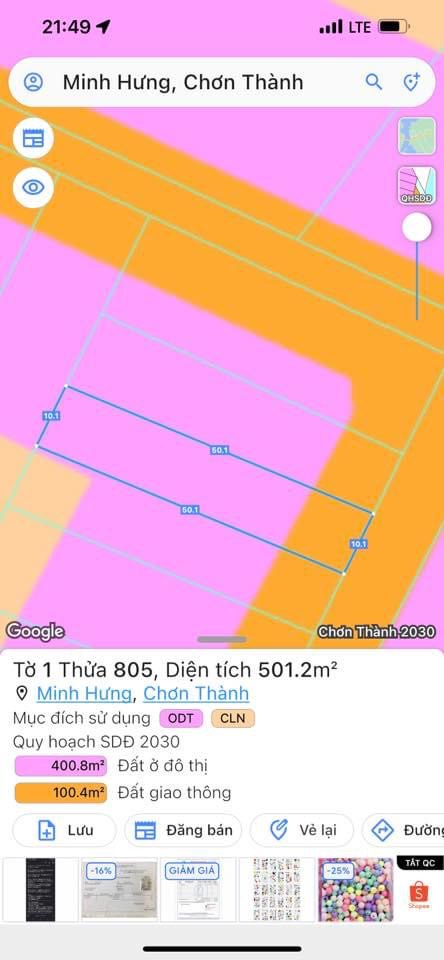 Bán đất phường Minh Hưng giá 499tr dt 5x50x50 tc