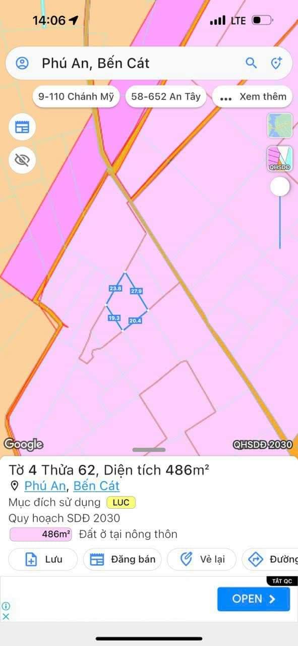 Bán đất Phú An giá 750tr dt 487m2