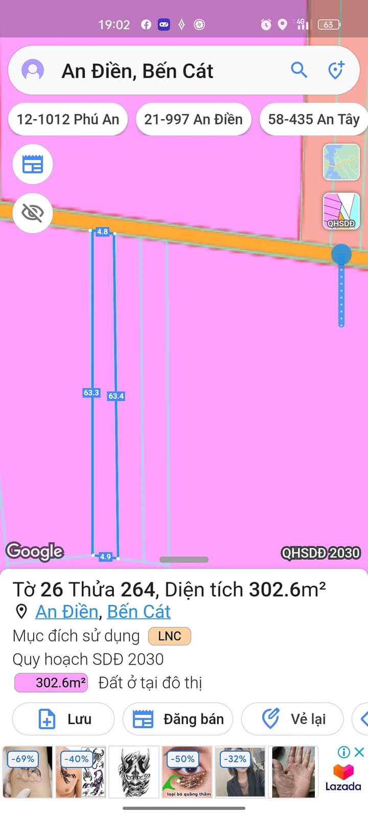 Bán đất An Điền giá 850tr dt 4,8*63*80tc