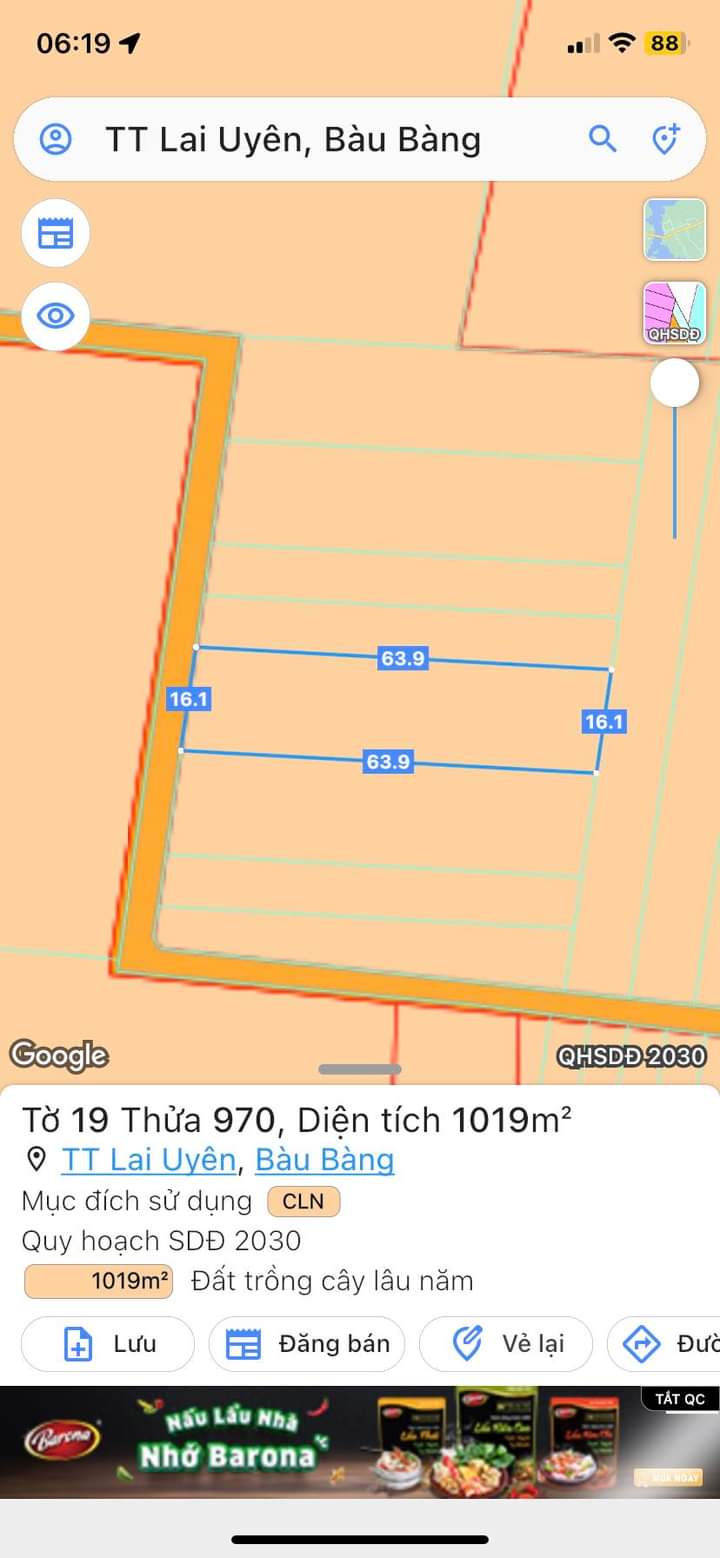 Bán đất Lai Uyên giá 1tỉ550tr dt 15*64