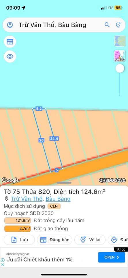 Bán đất Trừ Văn Thố giá 399tr dt 5*26