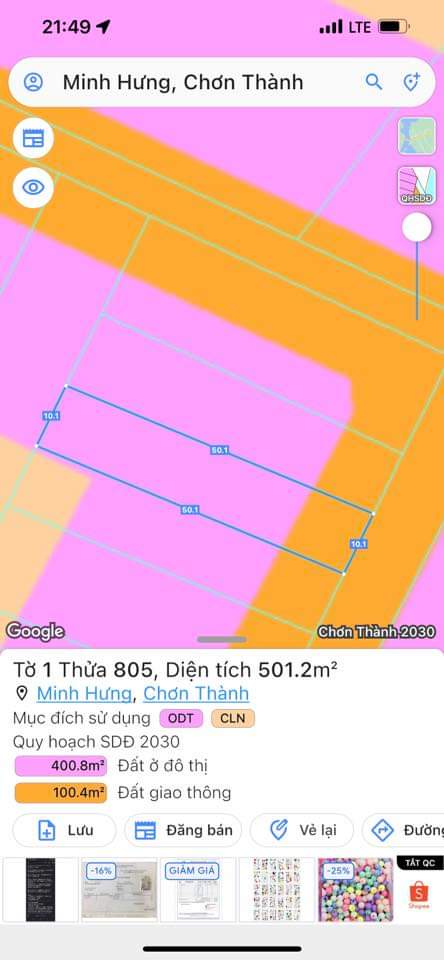 Bán đất phường Minh Hưng giá 509tr dt 5×50×50tc