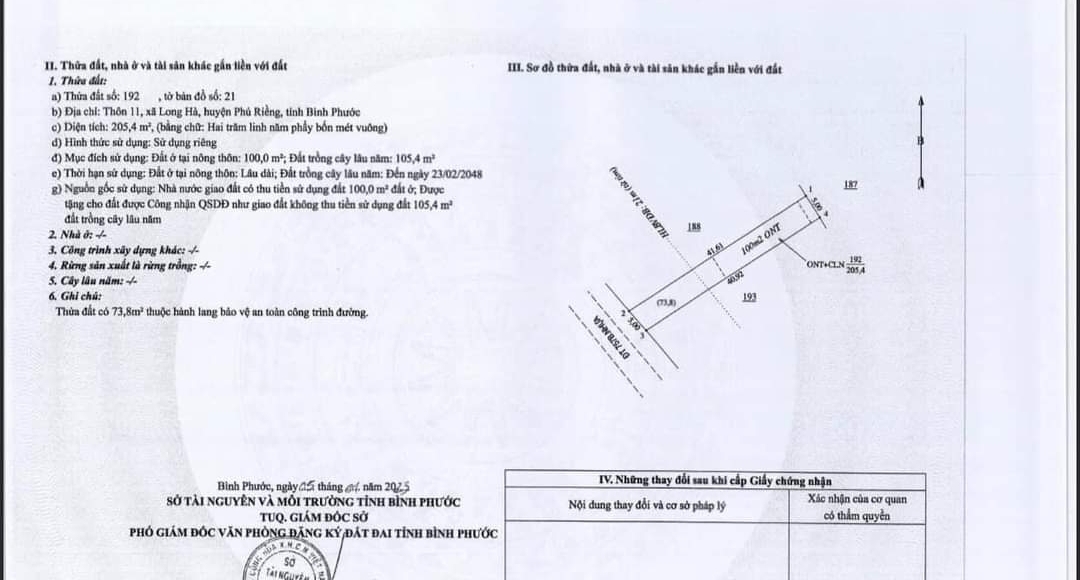 Bán đất xã Long Hà dt 205m2*100tc giá 800tr