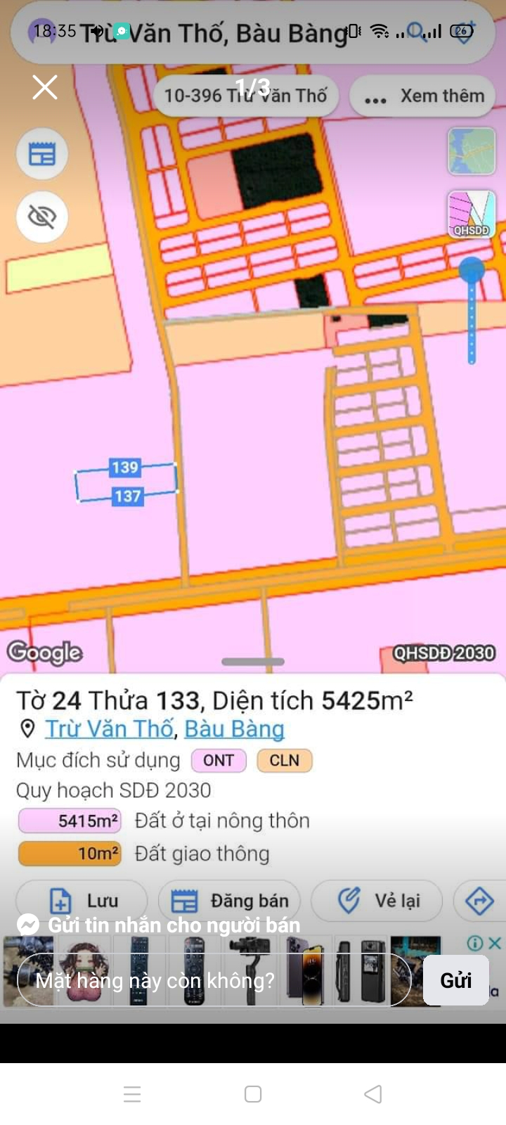 Bán đất Cây Trường giá 2tỉ650 dt 16*68*100tc