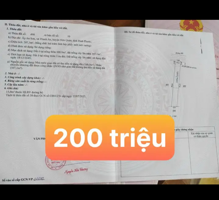 Bán đất xã Thanh An giá 200tr dt 5×40×100m2 tc