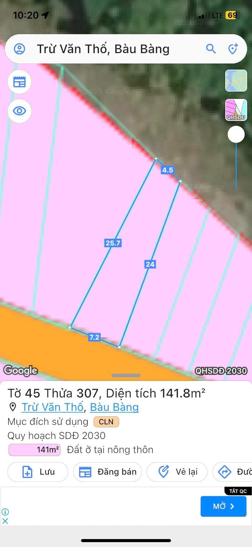 Bán đất Trừ Văn Thố giá 580tr dt 7,2*25*60tc
