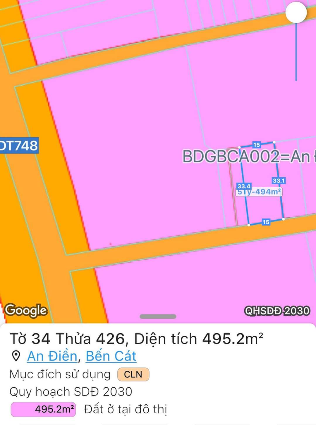 Bán đất An Điền giá 5tỉ dt15*33*300tc