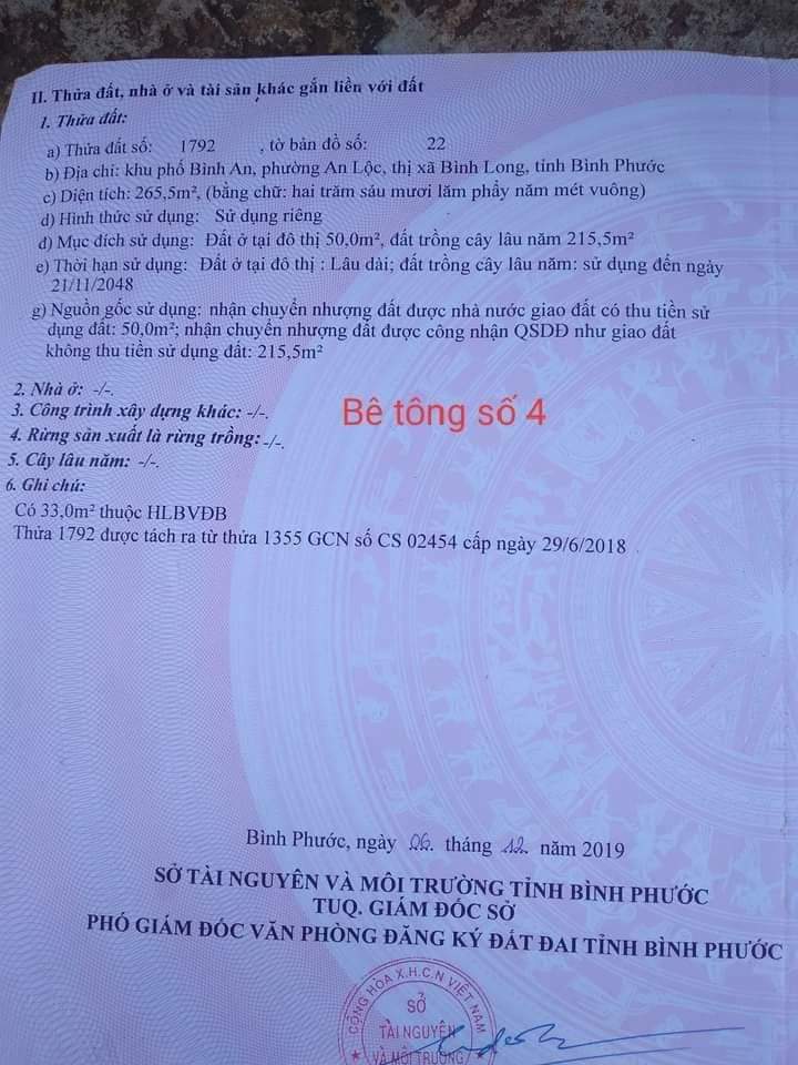 Bán đất khu phố Bình An phường An Lộc giá 670tr dt 5×55×50tc