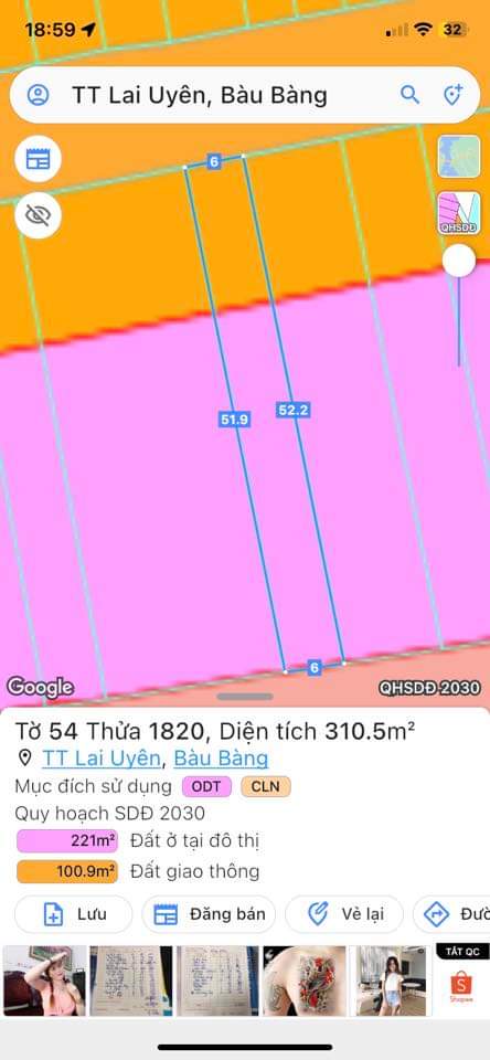 Bán đất Lai Uyên giá 2tỉ7 dt 6*52*100tc