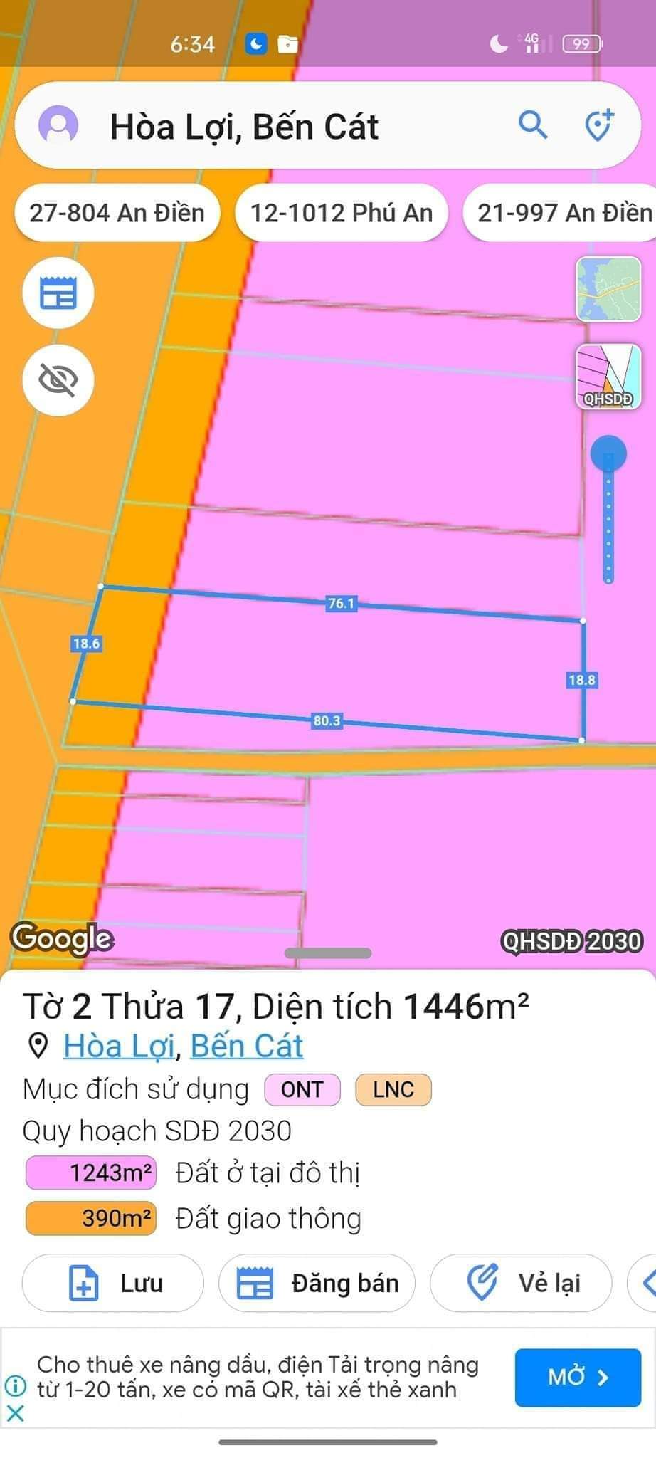 Bán đất Hoà Lợi giá 12tỉ dt 18,6*80*216tc