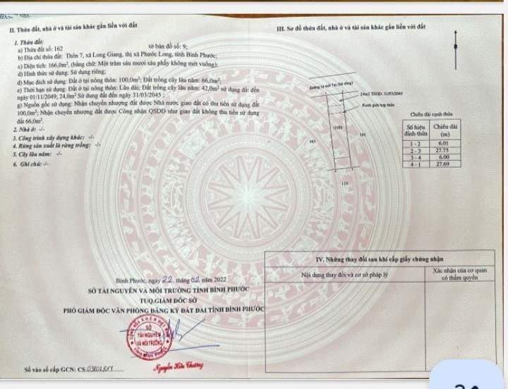 Bán đất xã Long Giang giá 750tr dt 6×27,5×100tc