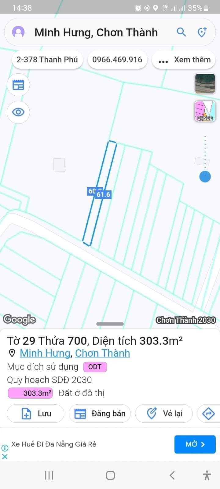 Bán đất kp4 phường Minh Hưng giá 570tr dt 5×61