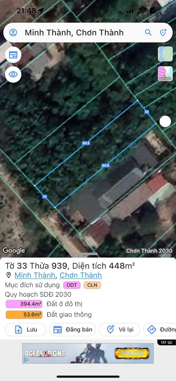 Bán đất kp1 phường Minh Thành giá 1 tỷ 350tr dt 10x45x100 tc