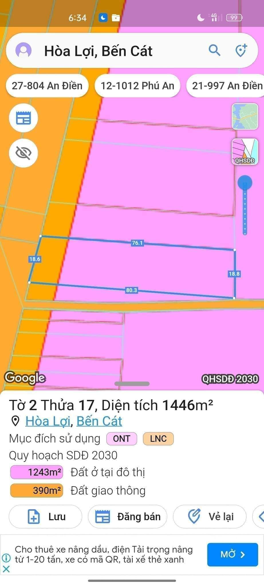 Bán đất Hoà Lợi giá 11tỉ5 dt 18,6*80*216tc