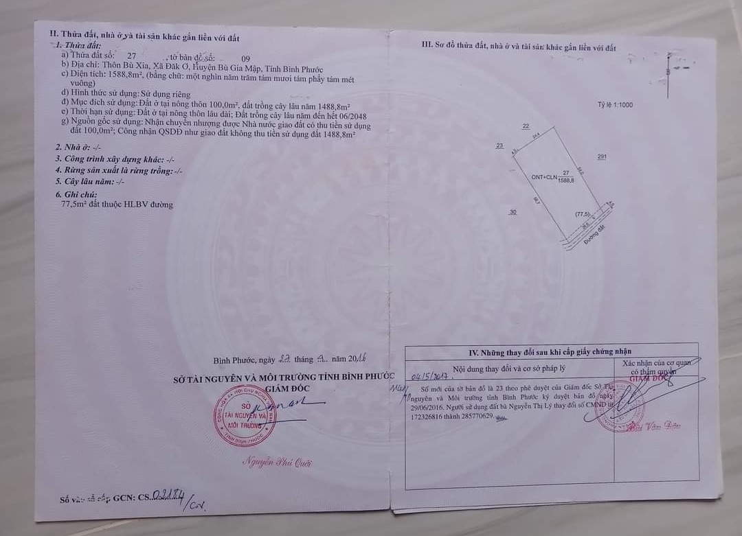 Bán đất xã Đăk Ơ dt 26,6*58*100tc giá 1tỷ