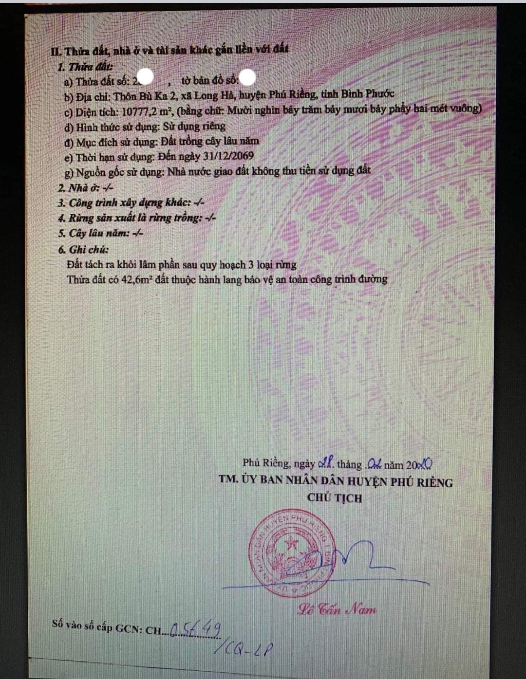 Bán đất xã Long Hà dt 1,1ha giá 1,5tỷ