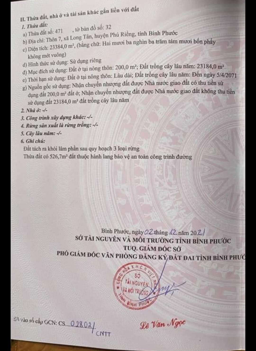 Bán đất xã Long Tân dt 2,3ha giá 7tỷ