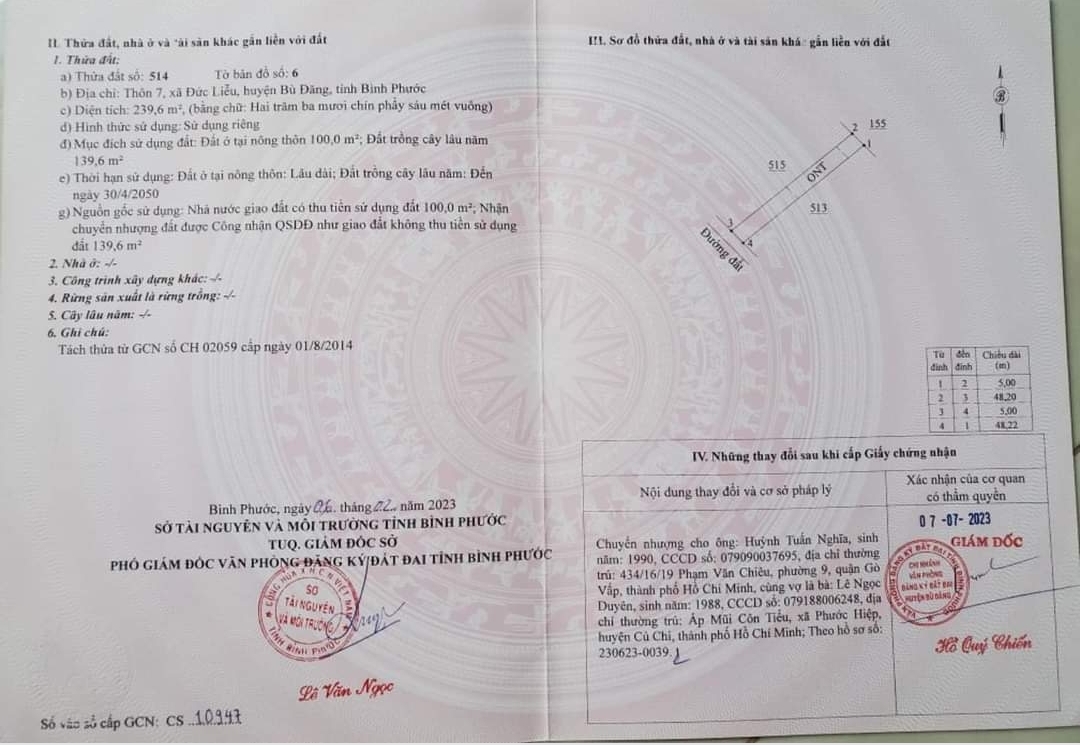 Bán đất xã Minh Hưng dt 5*48*100tc giá 385tr