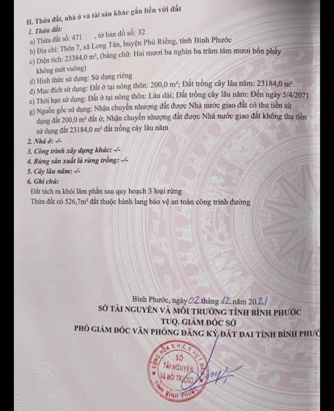 Bán đất xã Long Tân dt 2,3ha giá 7tỷ