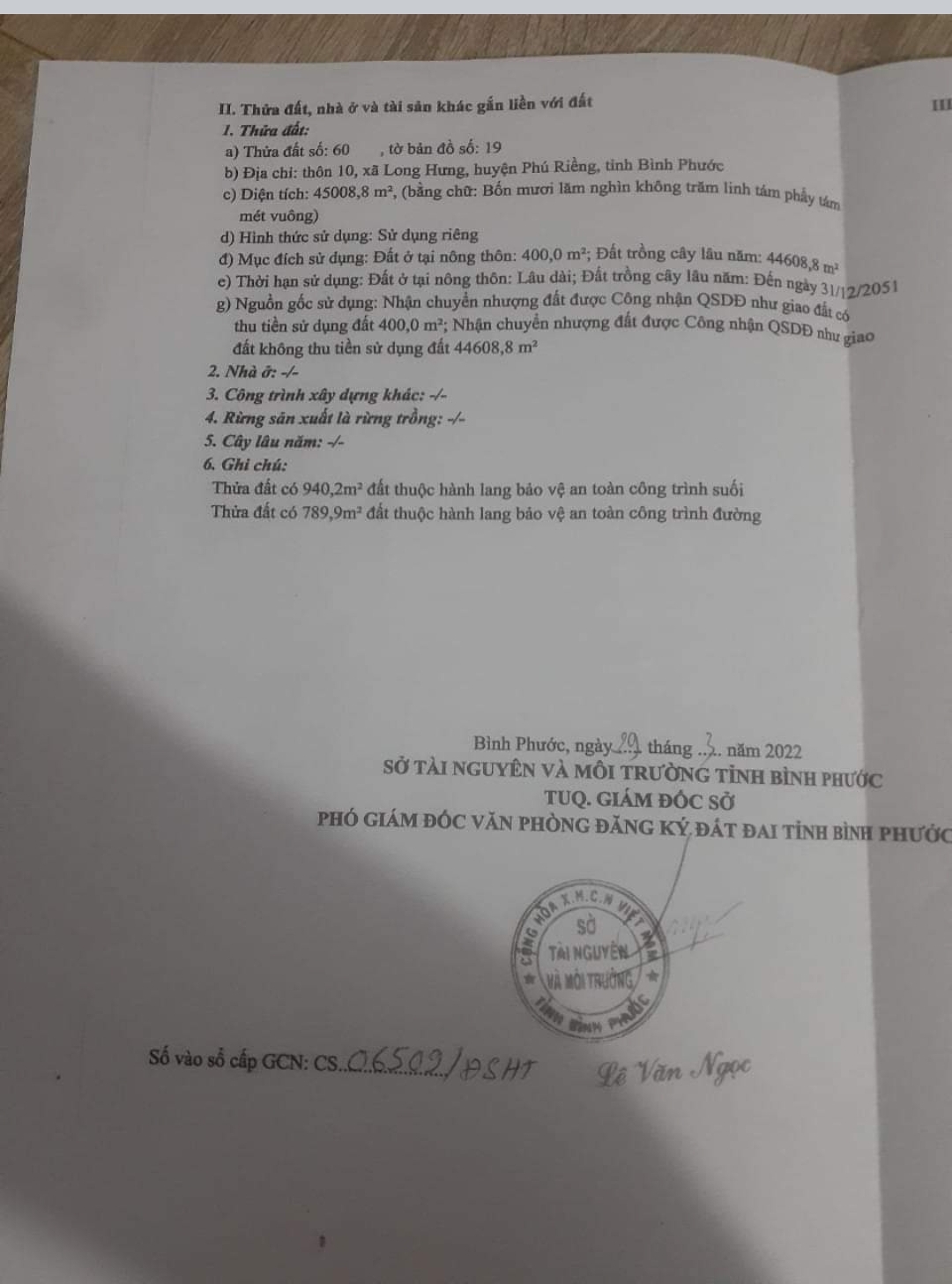 Bán đất xã Long Hưng dt 4,5ha*400tc giá 6tỷ