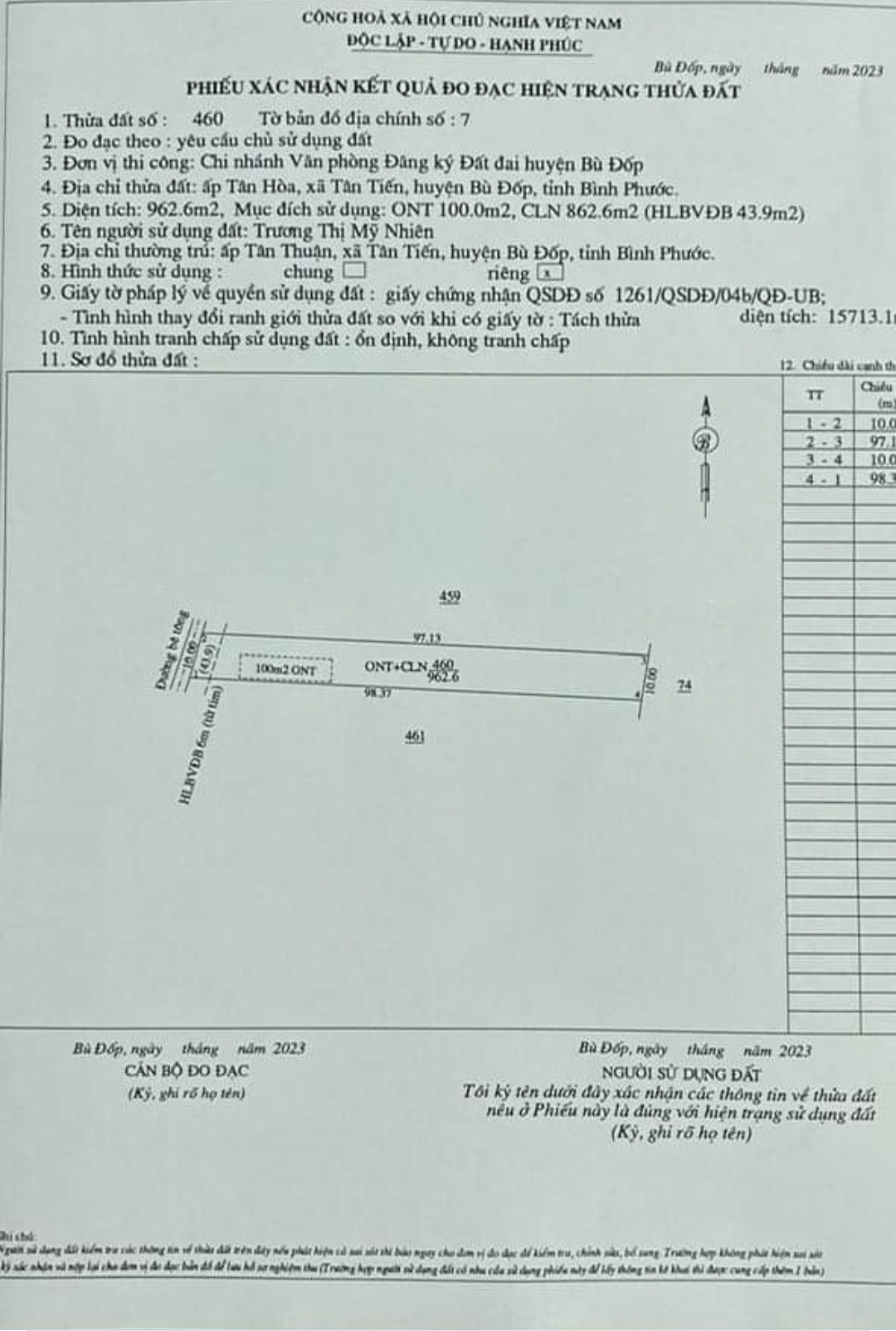 Bán đất xã Tân Tiến dt 10*98*100tc giá 350tr