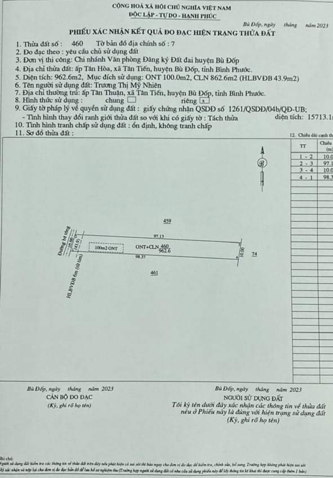 Bán đất xã Tân Tiến dt 10*98*100tc giá 350tr