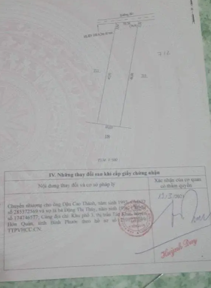 Bán đất tt Tân Khai giá 290tr dt 10×50