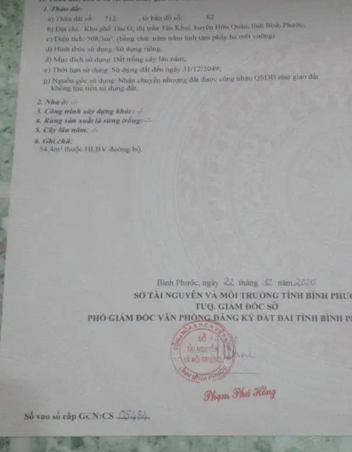 Bán đất tt Tân Khai giá 290tr dt 10×50