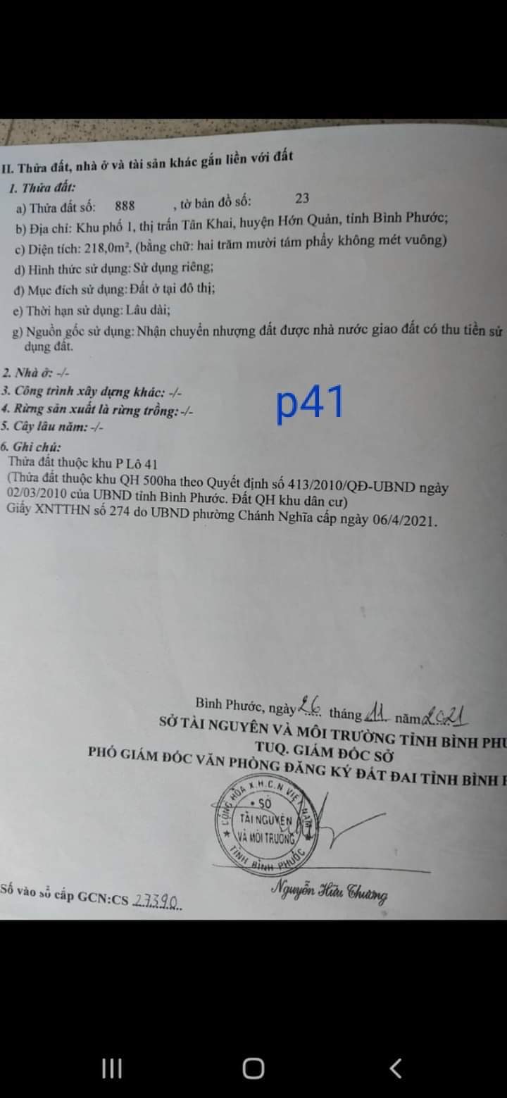 Bán đất tt Tân Khai giá 1tỷ4 dt 10×21,8