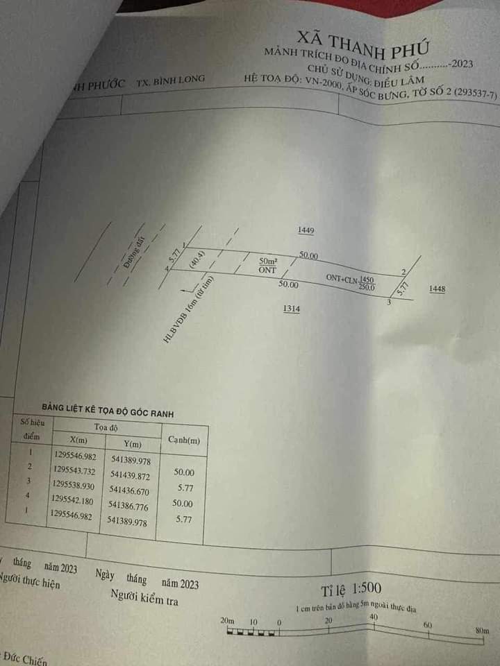 Bán đất ấp Sóc Bưng xã Thanh Phú giá 300tr dt 5×50