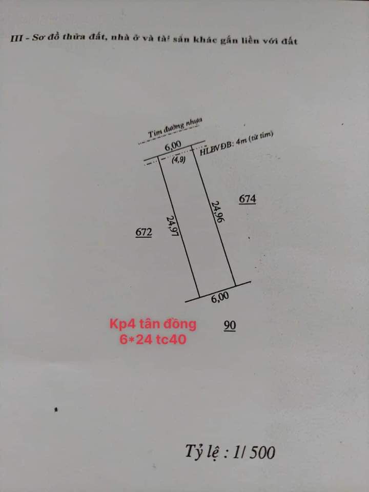 Bán đất phường Tân Đồng giá 620tr dt 6×25×40tc