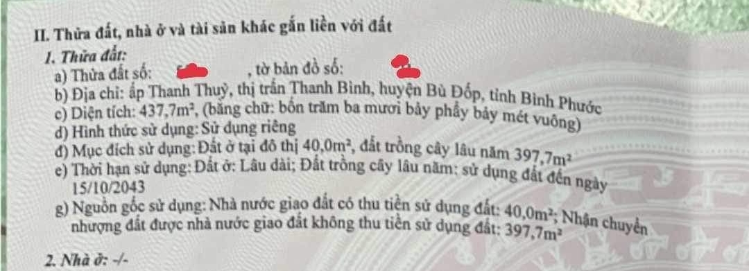 Bán đất Thị trấn Thanh Bình dt 6*72*40tc giá 230tr